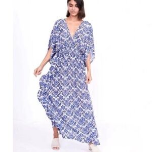Anthropologie Rujuta Marie Kaftan - Blue and White Floral Lotus Print Maxi